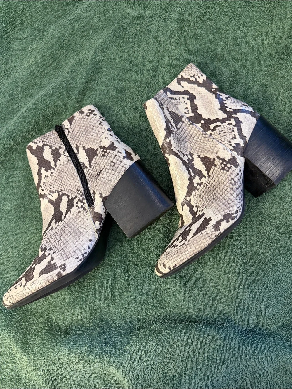Snake-Print Ankle Booties in Cream and Black with Block Heel